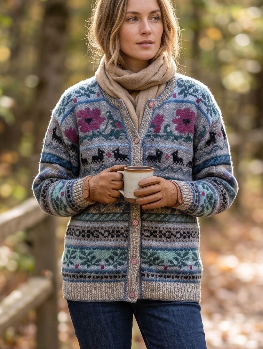 Vintage LL Bean Wool Fair Isle Scottie Dog Floral Cardigan Grandmacore